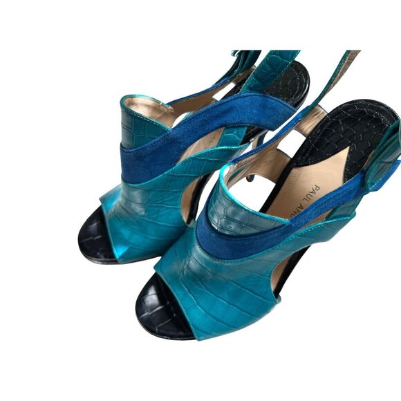 Paul Andrew High Heel Sandals Blue & Turquoise Croc Embossed Leather  - Size 37 - Picture 6 of 16
